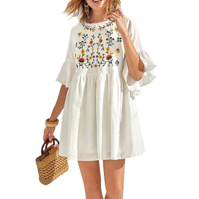 China YueMa Mini Dresses Women Casual Summer Breathable Floral Embroidered White Dress for sale