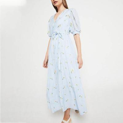 China Fashionable Blue Halter Breathable Canvas Maxi Dress Adjustable Strap Dress for sale