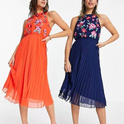 China Breathable Solid Color Custom Sleeveless Midi Summer Pleated Female Dresses Embroidery Dress for sale