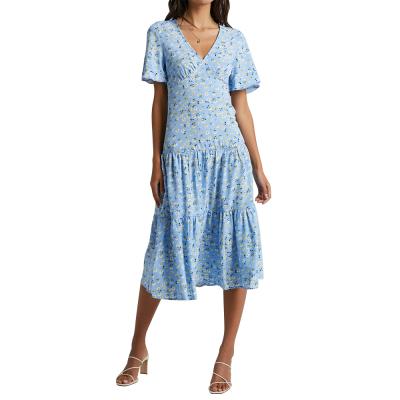 China Latest Arrival Breathable Ladies Fashion Floral V-Neck Short Sleeve Bohemian Dress for sale