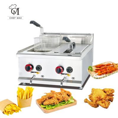 中国 Commercial Countertop Chefmax Fast Food Restaurant Double Cylinder Stainless Steel Fried Furnace 2 Basket Gas Custom Deep Fryer Machine 販売のため