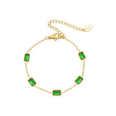 China Wholesale Luxury Environmental Friendly 18k Gold Plated Jewelry Stainless Steel Rectangle Green Zircon Bracelet For Women for sale