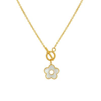 China Wholesale Cute Fashion Jewelry 18k Gold Plated Stainless Steel Sweet Flower White Shell Pendant OT Clasp Necklace For Women for sale