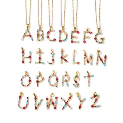 China A-Z Pendant Necklace Colorful Zircon Rainbow Letter Necklace Gold Plated Trendy Environmental Friendly Jewelry for sale