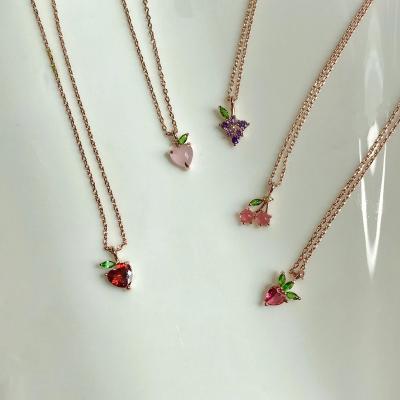 China Environmentally Friendly Summer European and American Colorful Fruit CZ Zircon Necklace Cherry Peach Fruit Clavicle Chain Zircon Pendant Necklace for sale