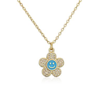 China Environmental Friendly Enamel Smile Flower Face Jewelry Copper Fashion Pendant Necklace Girls Charm Diamond Drip Oil Flower Shape Women Necklace for sale