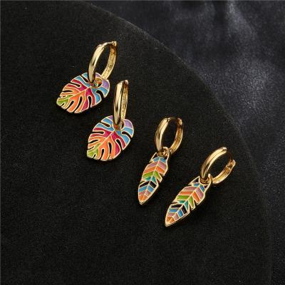 China Wholesale Environmentally Friendly Summer Jewelry Drop Oil Enamel Colorful Leaf Circle Dangle Copper Earring For Women for sale