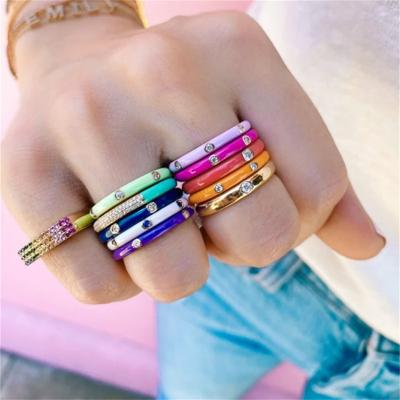 China 2022 Summer Cute Colorful 18K Gold Plated Ring Fancy Enamel Stacking Thin Zircon Ring For Girls for sale