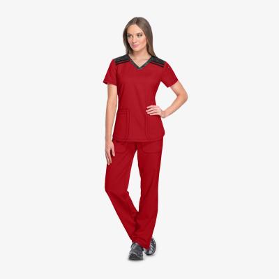 China wholesale Anti-wrinkle care scrubs perfect contrast V-neck shirt and stretch cargo drawstring scrub pants medical uniforms for sale