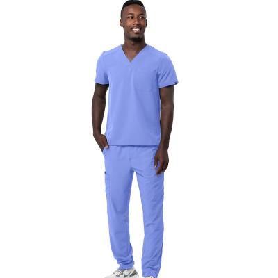 China Wholesale Best Polyester Anti-wrinkle Spandex Men's Medical Uniforms Classic V-Neckline Scrub Top And Cargo Scrub Pants Beauty Salon for sale