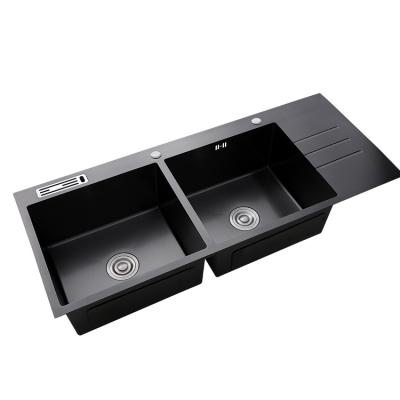 China Modern Rectangular Black 1200*500*230 Double Bowl Handmade Kitchen Sink for sale