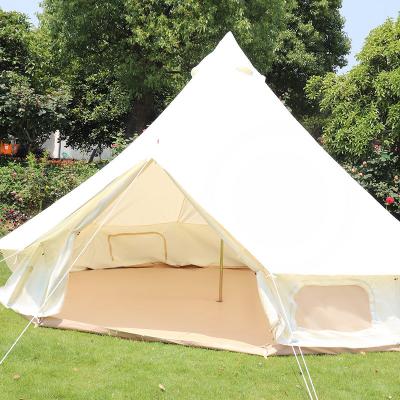 China Diamond Ground Nail Waterproof OEM Style Hexagonal Hotel Cotton Canvas 5m Outdoor Camping African Bell Tent With 2 Stove Outlets for sale