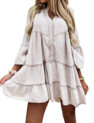 China Custom Made Women Breathable Swing Pleated Ruffle Long Sleeve Loose Dress for sale