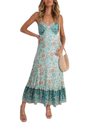 China Boho Breathable Beach Print Custom Women Spaghetti Straps Long Dress for sale