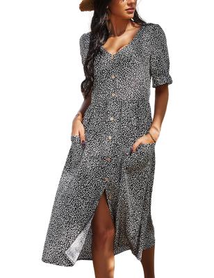 China Custom Made Breathable V-neck Casual Women's Leopard Print Short Sleeves Button Down Midi Dress With Pockets for sale