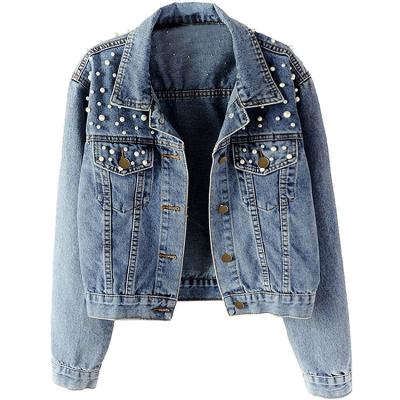 China Custom Women's Embroidered Casual Beading Anti Wrinkle Anti Wrinkle Beading Denim Jacket Jean Coat for sale