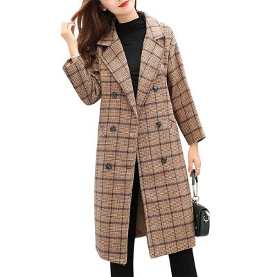 China Custom Women's Anti-wrinkle Anti-Wrinkle Long Plaid Wool Cross Blend Pea Coat Outerwear for sale