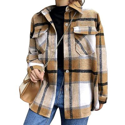 China Custom Women's Waterproof Flannel Plaid Lapel Button Brushed Shorts Pocketed Shacket Shirts Coats for sale