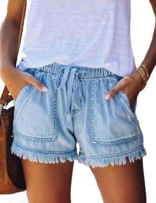 China Custom Made Women Breathable Elastic Waist Drawstring Casual Elastic Denim Pocketed Jeans Shorts for sale