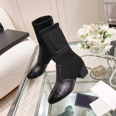 China Hot Quality New Autumn and Winter Steel Toe Sock Boots Knitted Thick Heel Stretch Pungent Thin Boots Women Adjust Toe Short Boots for sale