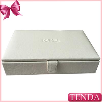 China Sale Buy Rectangle Square White Pandoras Victorian Leather Jewelry Box with Metal Button for sale