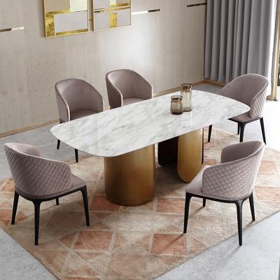 China Modern Italian luxury dining tables and chairs golden stainless steel legs marble top oval hotel Villa restaurant table dining chair for sale