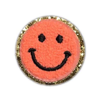 China Iron On Patches 5cm Smiley Face Gold Edge Embroidered Iron On Chenille Patch Iron On Garment for sale