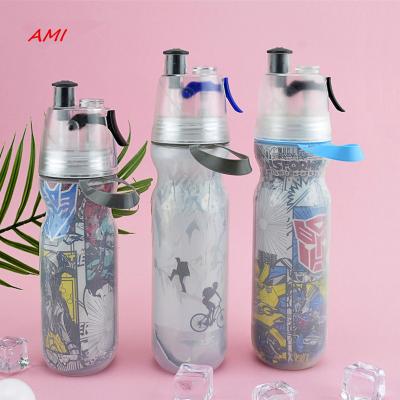 China Sustainable Cool Recycle Sports Mist Spray Water Bottle Double Wall Plastic Insulated Plastic Bottle for sale