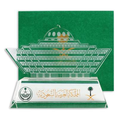 China The 15 Arabic Years of Crystal Manufacturer Custom Islamic K9 Crystal Trophy Engrave Arabic Trophy Coins Wholesale for sale