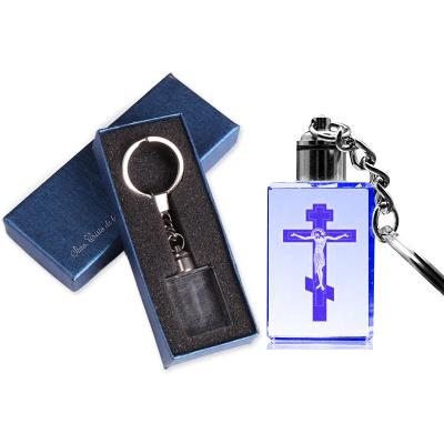 China Europe Religious 3d Cross Laser Christian Gifts Crystal Keyring Jesus Engraving Crystal Glass Keychain for sale