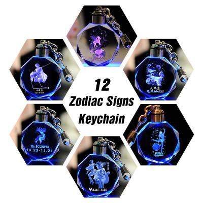 China Europe Led Light Crystal 12 Constellation Crystal Keychain Zodiac Signs Keychain Horoscope Gift for sale