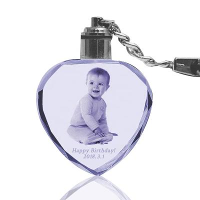 China Europe Key Chain Promotional Heart Shaped Led Light With 3d Laser Engraving Baby Photo Custom for sale