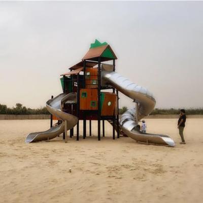 China Plastic Playground Customized Wooden Outdoor Playground Kids Playhouse With Stainless Steel Slide Set for sale