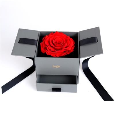 China Recyclable Double Door Closing Drawer Box Top Open Magnetic Packaging Preserved Rose Flower Gift Box For Valentine Holiday for sale