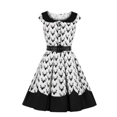 China Viable Casual Black Reindeer Print Color Block Christmas Dress Autumn Sleeveless Zipper Buttons Belt For Women for sale