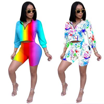 China Viable Wholesale Two Piece Rainbow Stripe Printed Casual T-Shirt And Pants for sale