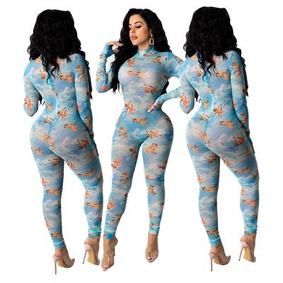 China Viable New Design Long Sleeve Cupid Printed For Mesh Transparent Ladies One Piece Overalls With Long Pants for sale