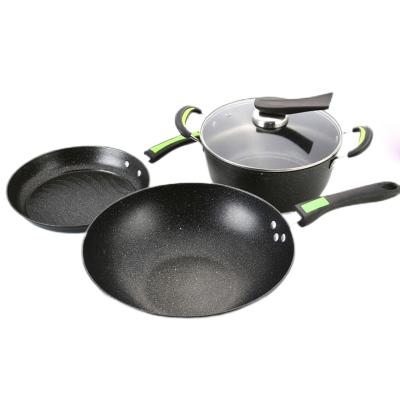 China Non-stick hottest selling Maifan stone non-stick pot with three sets of gift sets four sets of flat pan for sale