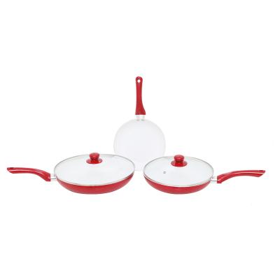 China 5pcs Viable Pressed Ceramic Coating Aluminum Cooking Cooker Red Fry Pan Set For Camping for sale