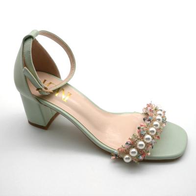 China Fashion Trend Summer Custom Pearl Decorate Daily Casual Adjustable Chunky Heel Sandals Ankle Strap Ladies Sandals for sale