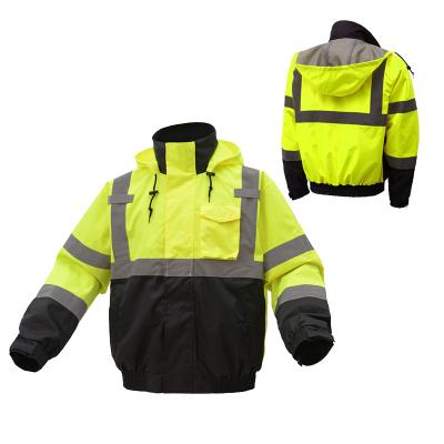 China Water Proof High Visibility Safety Reflective Waterproof Unisex Bomber Jacket With Detachable Hood for sale