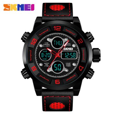 China Alarm SKMEI Brand 1371 Stainless Steel Back Genuine Leather Men's Quartz Analog Watches for sale