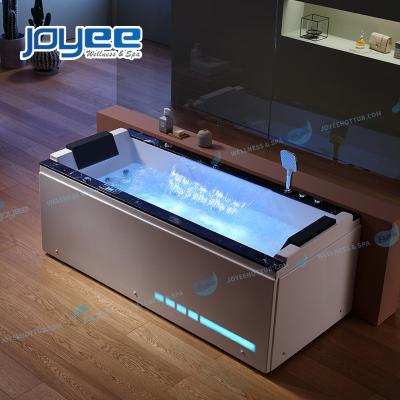 China JOYEE 2 Person Skirt Three Side Luxury Led Light Hot Massage Bathtub Whirlpool Water Jets Bathroom Spa Shower Indoor Acrylic Bathtub for sale