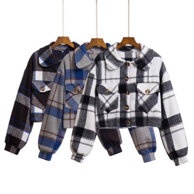 China 2022 New Arrival Spring Plaid Breathable Long Sleeve Crop Top Women Outwear Short Shirt Turn-Down Collar Coat for sale