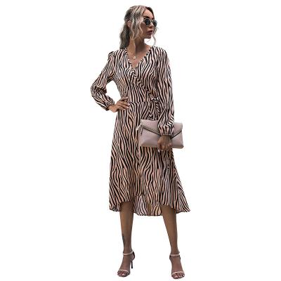 China New Breathable Fashion Women's One-Piece Dress Irregular Different Size For Choice Girls Dress Khaki Striped Ladies for sale