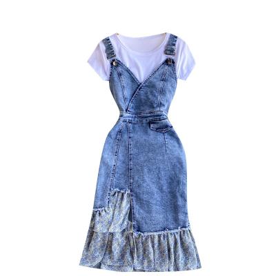 China Anti-Static Slip Dress Sets Womens Summer Short Sleeved T-shirt Women's Denim Dress Versatile Design Ruffled Irregular Dress Two-Piece Set for sale