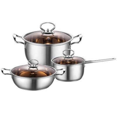 China Sustainable High Quality 6 Pcs Stainless Steel Cookware Composite Bottom Set And Pans With Glass Brown Lid For Kitchen Induction Cooker for sale