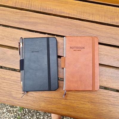 China Mini Pocket Hardcover Notebook Small Notebook with Interior Pockets Cover Mini Journal Notepad Black Leather Thick Striped Paper Design for sale