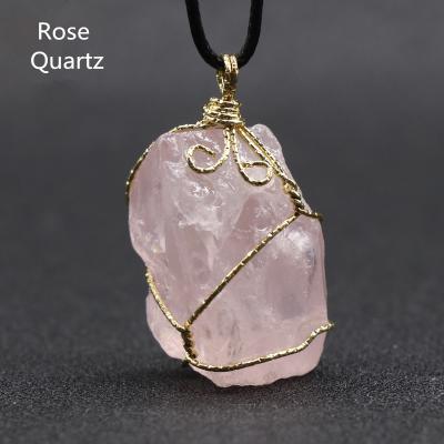 China CLASSIC Natural Rough Gemstone 7 Chakras Healing Crystal Raw Rose Quartz Stone Pendant Necklace For Women Jewelry for sale