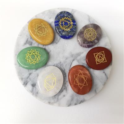 China Europe 7pcs Seven Chakra Stones Reiki Healing Crystal Set with Polished Symbols Palm Energy Holistic Balancing Stones for sale